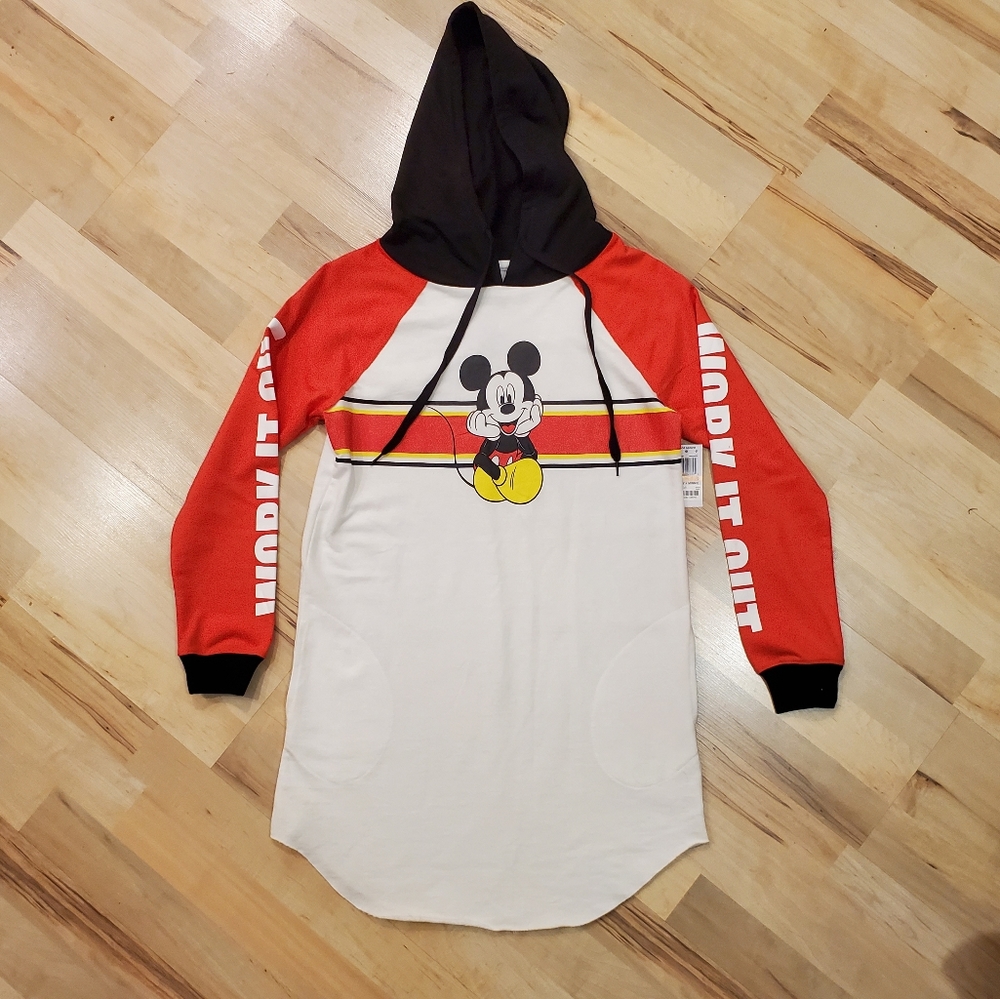 NWT Disney Sweatshirt Dress Red White Mickey "WORK IT OUT" Raw Hem Streetwear